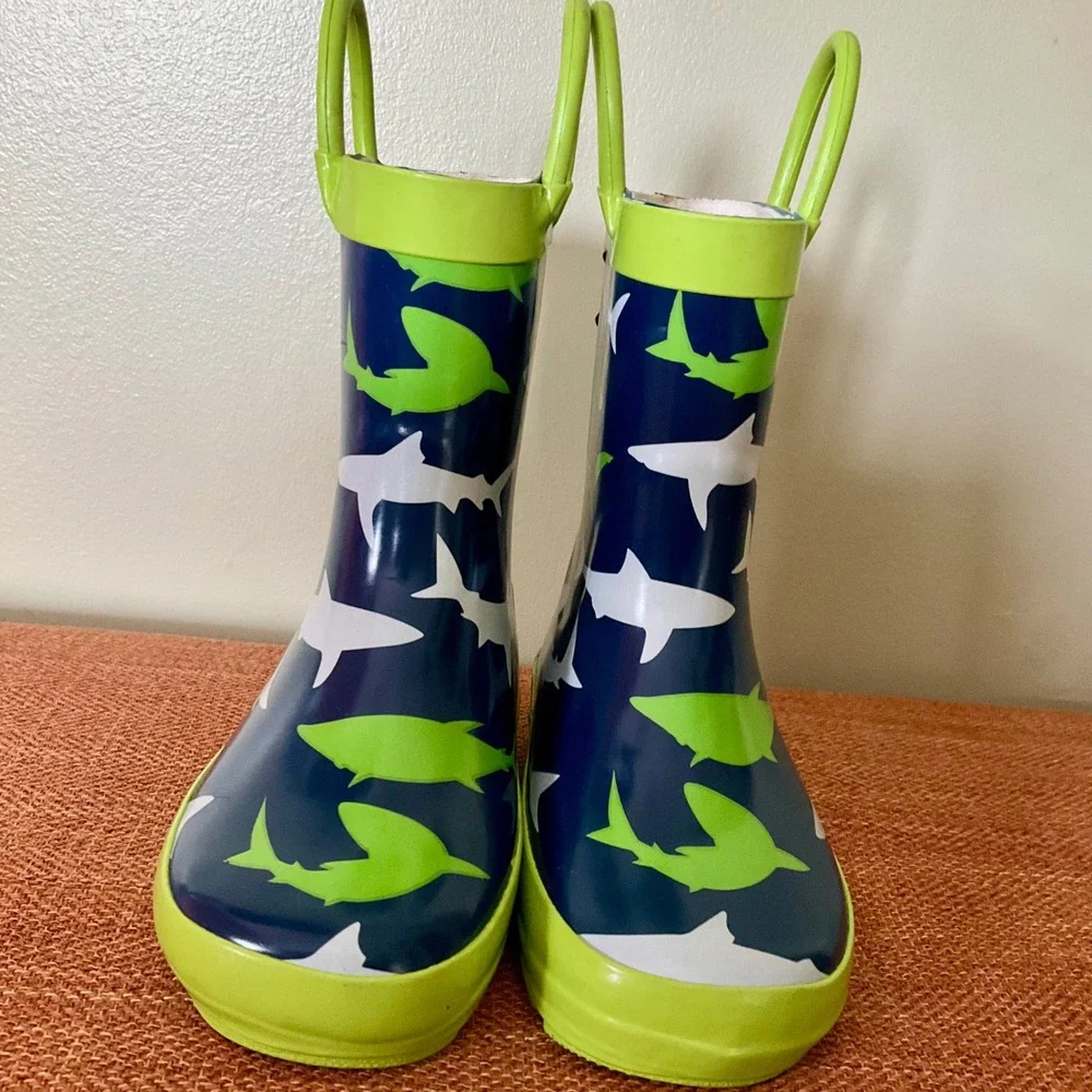 Kids Shark Print Rubber Rain Boots Blue Green 3D Fin Size 6 Waterproof Unisex